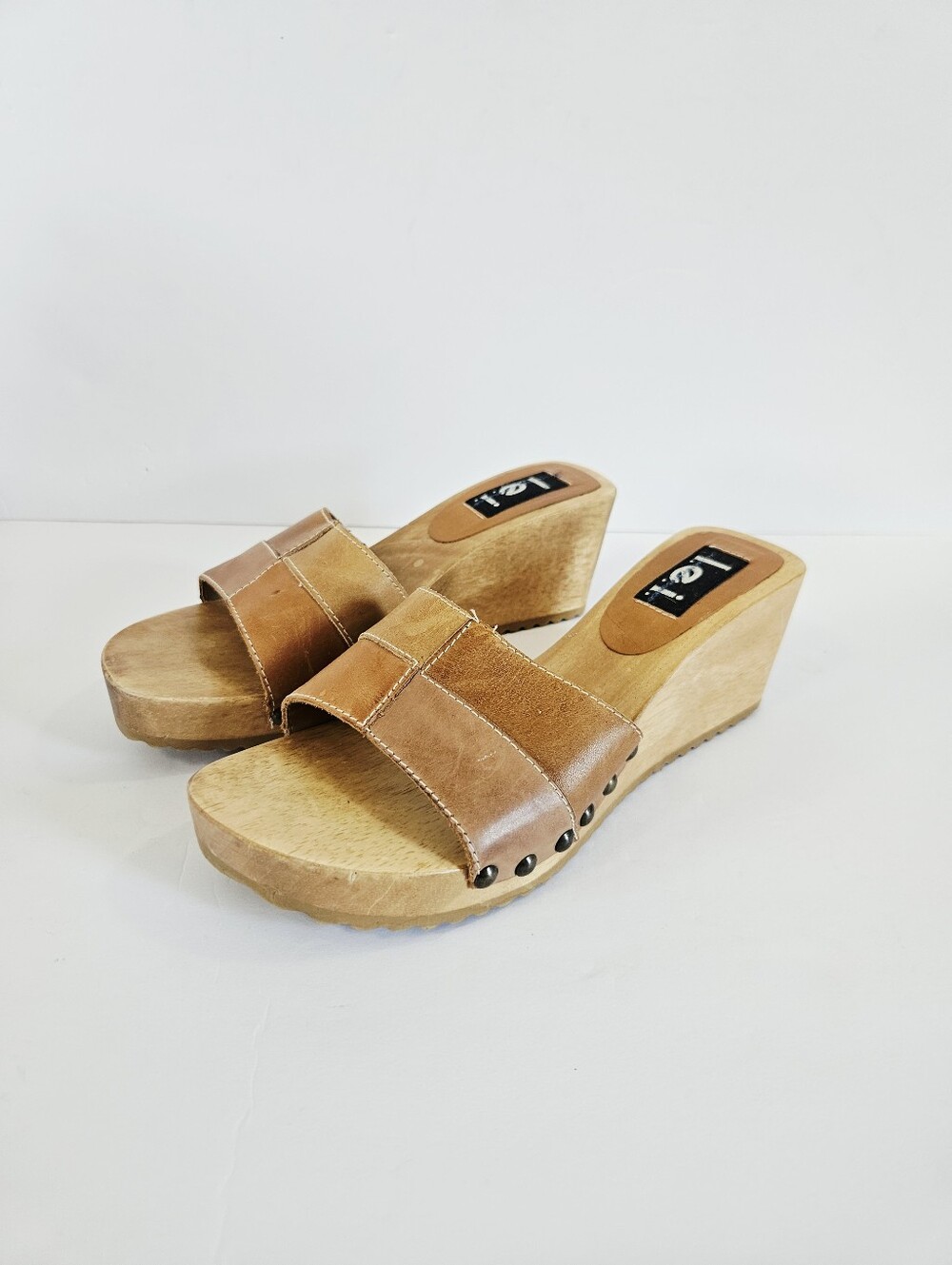 Vintage l.e.i. Wooden Diedra Platform Patchwork Leather Slip On Mule Sandals 8.5 - Picture 2 of 16